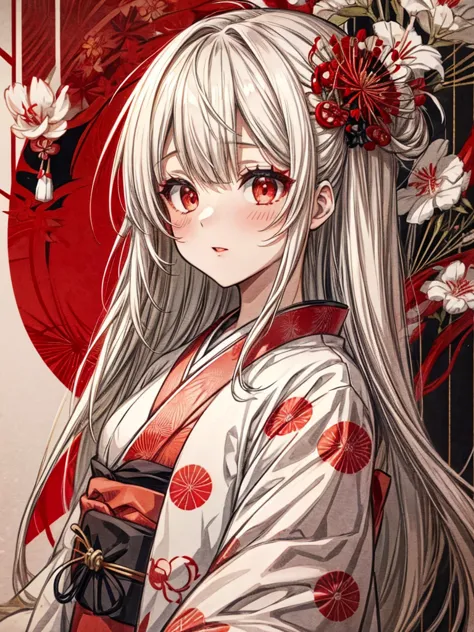 Girl in kimono standing with Japan sword, White medium hair, Red eyes, Red lips, A kimono with a red spider lily on a black back...