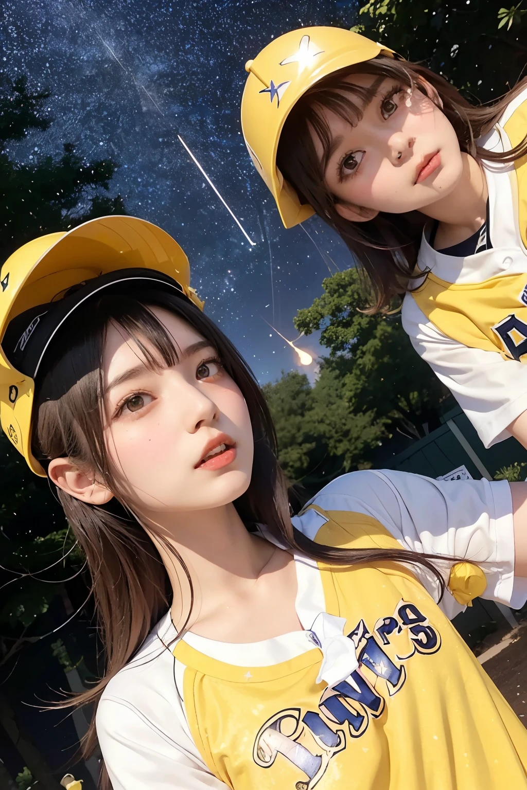 Three Girls, Long Hair, High resolution, Blushing, Open your mouth, Animal ears, Cat ear, Pink eyes, (Baseball uniform:1.3), (Yellow helmet:1.3),Bat,baseball grab, ball,
(Starry Sky:1.6),Masterpiece, (From below:1.4)