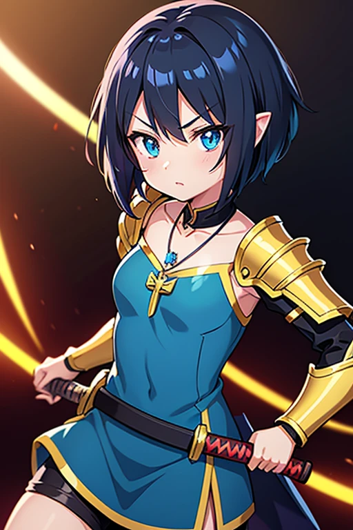 dragon girl, Anime girls, carrying katana, anime, short black hair with neon blue highlights, hair is above shoulder height, smooth beautiful, 4k, anime art, pendant on hair, cross t necklace, vivid blue dress, battle armor golden armor, little clothing