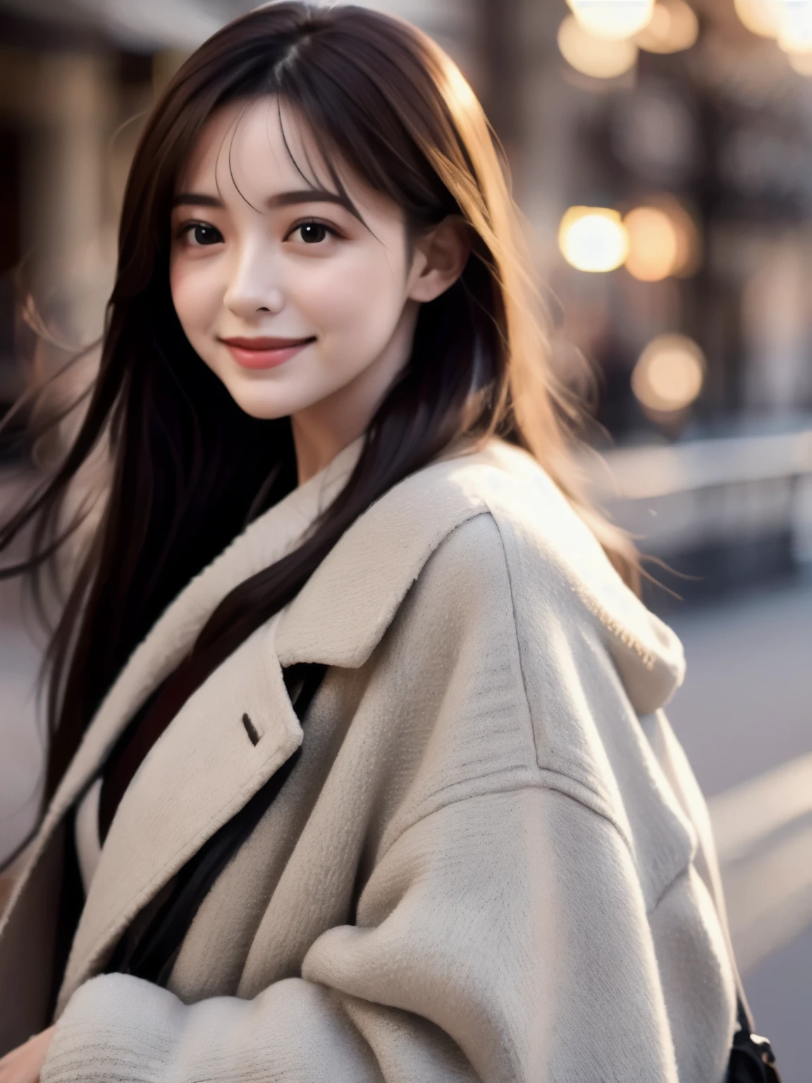 ((highest quality, 8k, masterpiece: 1.3)), sharp: 1.2, Perfect body beauty: 1.4,pretty girl,Light brown long hair,(((Woman straddling a coat))),Slender body,Highly detailed face and skin texture,Beautiful Eyes, double eyelid,((Full Body Shot)),Natural light,smile