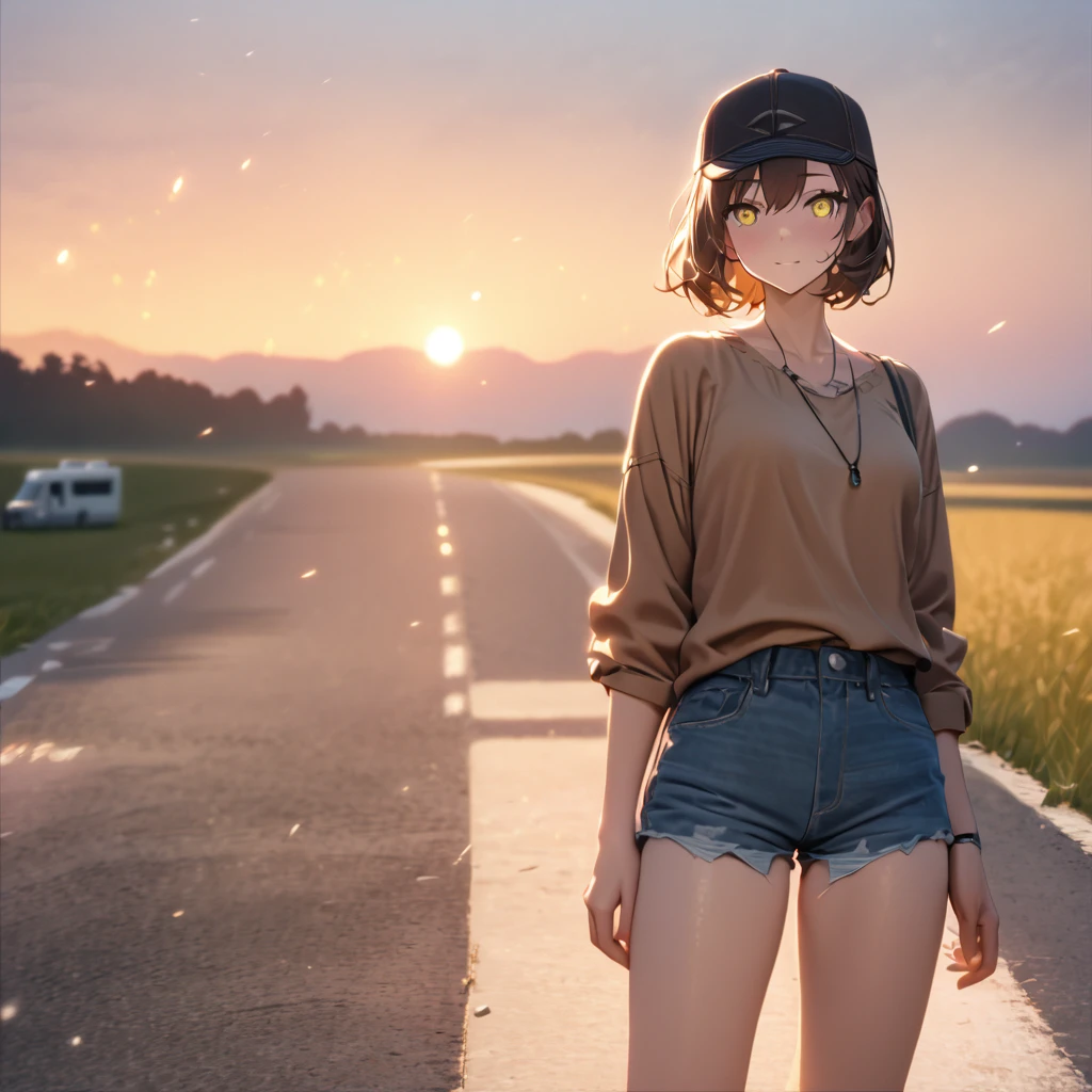 A woman wearing a brown casual shirt, brown hair, short hair, yellow eyes, denim shorts, casual sneakers, with a casual cap, near a motorhome, on a concrete road, road in a large field, large background with grass, place at sunset, perfect face, perfect eyes, view of the sky,,UHD , prime work , accurate , anatomically correct , textured skin , super details , high quality , best quality, 8k, high resolution, bokeh effect. (woman solo), close view
