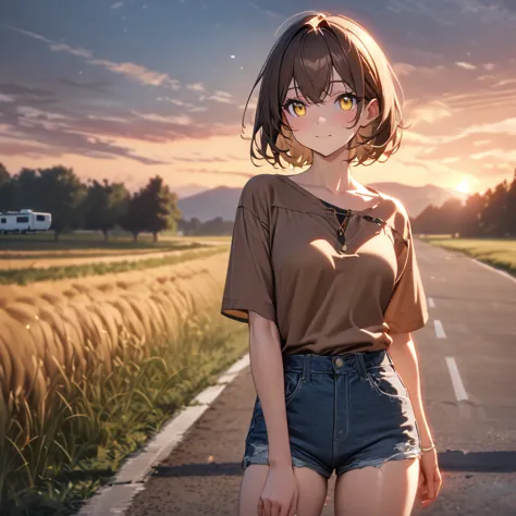 a woman wearing a brown casual shirt, brown hair, short hair, yellow eyes, denim shorts, casual sneakers, with a casual cap, nea...