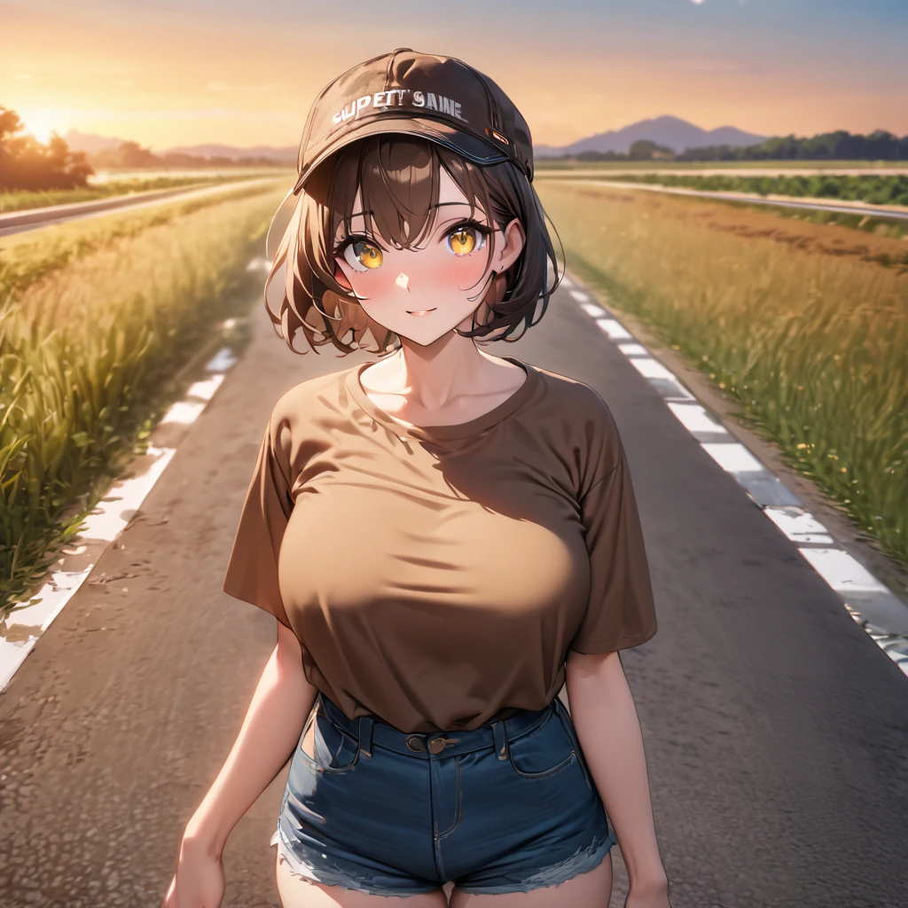 A woman wearing a brown casual shirt, mature, big breast, brown hair, short hair, yellow eyes, denim shorts, casual sneakers, with a casual cap, near a motorhome, on a concrete road, road in a large field, large background with grass, place at sunset, perfect face, perfect eyes, view of the sky,,UHD , prime work , accurate , anatomically correct , textured skin , super details , high quality , best quality, 8k, high resolution, bokeh effect. (woman solo), close view
