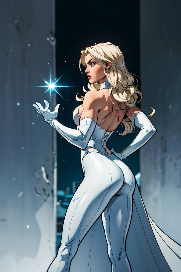 sexy Emma Frost dans X-Men,illustration,haute résolution,ultra détails,réaliste:1.37,[attitude féroce],Beaux yeux détaillés,belles lèvres détaillées,[cheveux longs blond platine],corset blanc moulant aux motifs complexes,silhouette de sablier parfaite,[bottes hautes blanches],[ornements en cristal et diamant],maquillage pour les yeux foncés,[pose confiante],palette de couleurs bleu glacé mat,[éclairage doux et diffus],thème hivernal subtil,effet de diamants brillants en arrière-plan, vue arrière, montrer le cul, vilain, Dehors en hiver