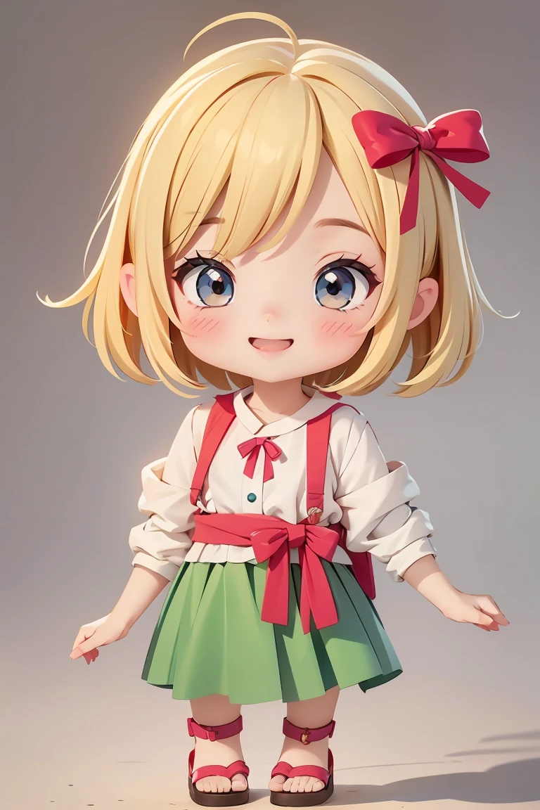  Super Chibi Character：1.8、wearing cute sandals、background：Simple all over、Blonde Hair、Cute 7 year old girl、Random cute outfits、Short legs、Sandals with ribbon、Smiling and winking、Smiling and winking、Smiling and winking