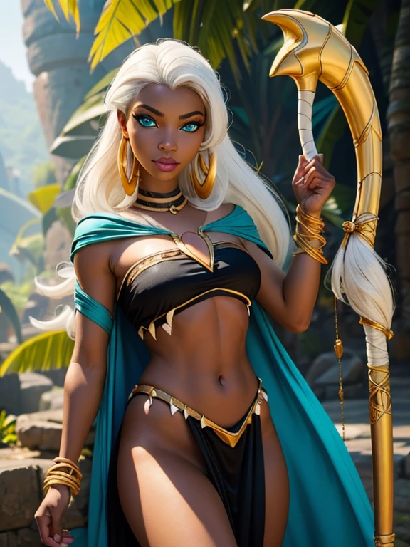 ((ultra quality)), ((masterpiece)), Queen_La_Tarzan, ((White-haired long hair)), (Beautiful face), (beautiful female lips), (), charming, ((sexy facial expression)), looks at the camera, (dark skin color), (dark skin), glare on the body, ((Detailed eyes)), ((Turquoise eyes)), (juicy female lips), (pink lipstick), (dark eyeliner), (beautiful female hands), ((ideal female figure)), ideal female body, beautiful waist, beautiful hips, medium breasts, ((subtle and beautiful)), stands seductively, (Holding a Golden Staff), (Wearing: cape, black crop-top, loincloth, golden arm bands, golden earrings) background: jungle, stone temple and stone structures, ((depth of field)), ((high quality clear image)), (clear details), ((high detail)), realistically, professional photo session, ((Clear Focus))
