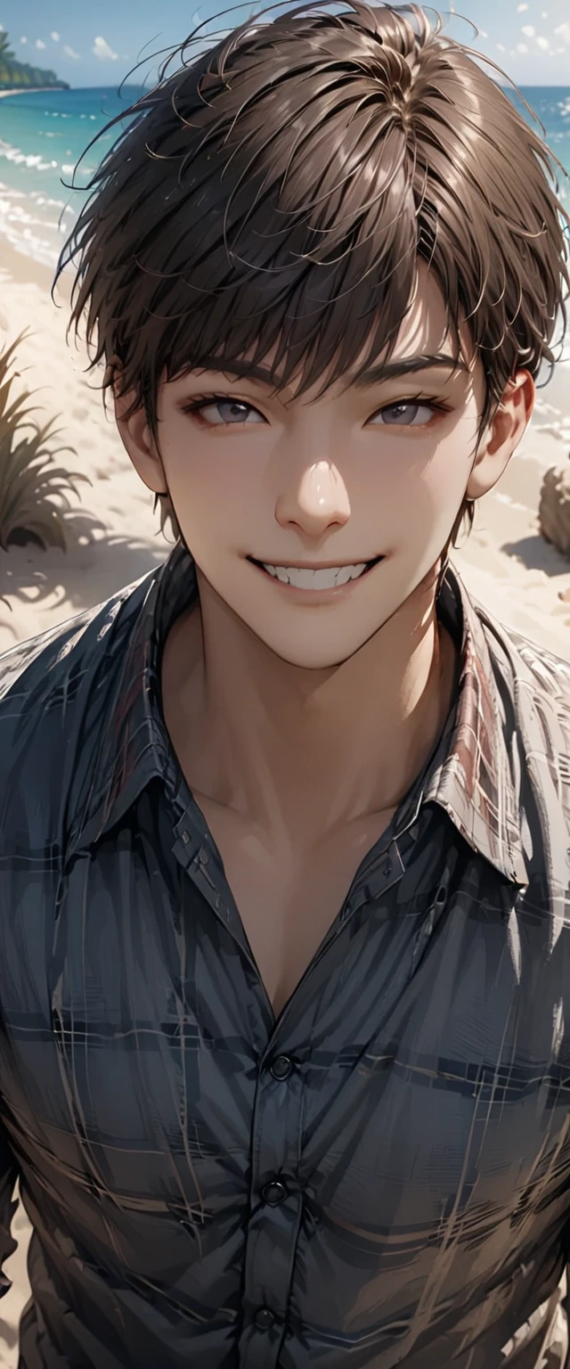 a man is smiling as he stands next to a beach at the beach, 1boy, male focus, solo, smile, shirt, realistic, plaid, plaid shirt, looking at viewer, brown hair, grin, outdoors, teeth