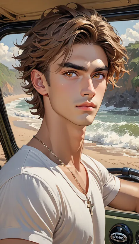 1 male, impressionist style, brushwork, hazel brown eyes, sharp brows, long eyelashes, skin tawny, deep tan, curtain bangs, tape...