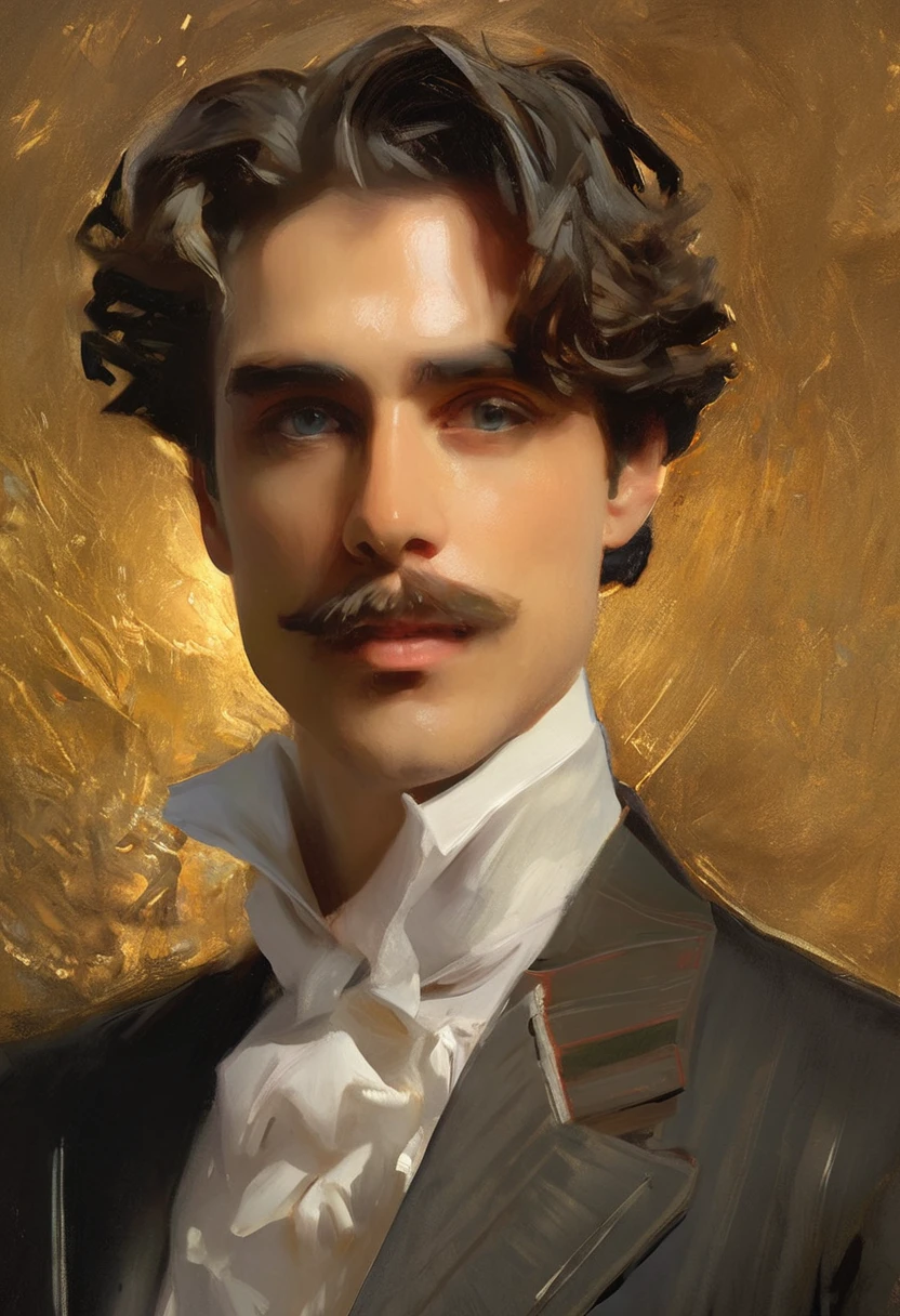 (Sargent style )glamorous portrait of an incredibly handsome man, with stunning masculine features, incredibly beautiful picture, Intricate, Perfect symmetrical face (((Semi-realistic art style, in the center of the canvas, realistic light skin texture))), concept art of an attractive character, Ultra-sharp details, Young adult male, elegant and wise, beautiful masculine feature, fantastic image of light and shadow, complex small parts, Cinematic lighting, Unreal Engine 5 by wlop, by Greg Rutkowsky, loish, rhads, beeple, Makoto Shinkai and Lois van Baarle, illya kuvshinov, rossdraws, Tom Bagshaw, Alphonse Mucha