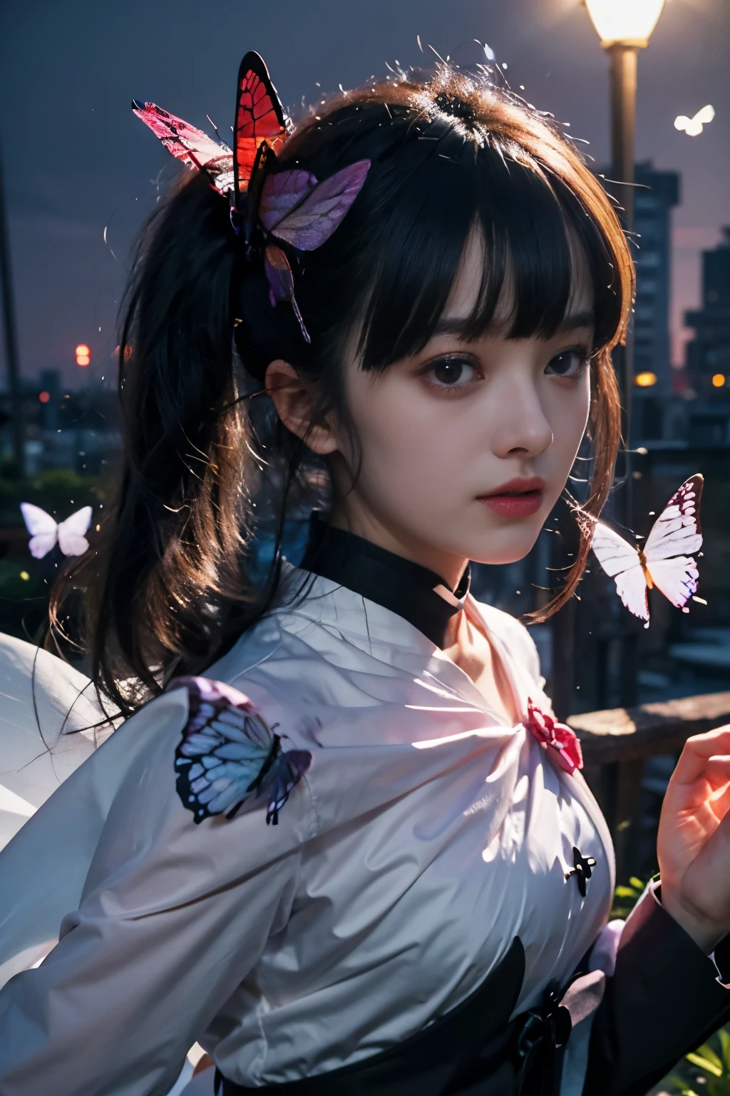 Kanao tsuyuri, demon slayer, famale, black hair, purple eyes, black demon slayer uniform, cute face, butterfly effect:1.5, beautiful night background:1.2, aesthetic light effect:1.2, ultra-realistic1.2, ultra-detailed1.2, bestquality, masterpiece.