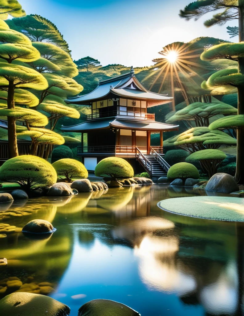 Jardin Kenrokuen dans la préfecture d&#39;Ishikawa,Le soleil brille au centre,Aucun personnage