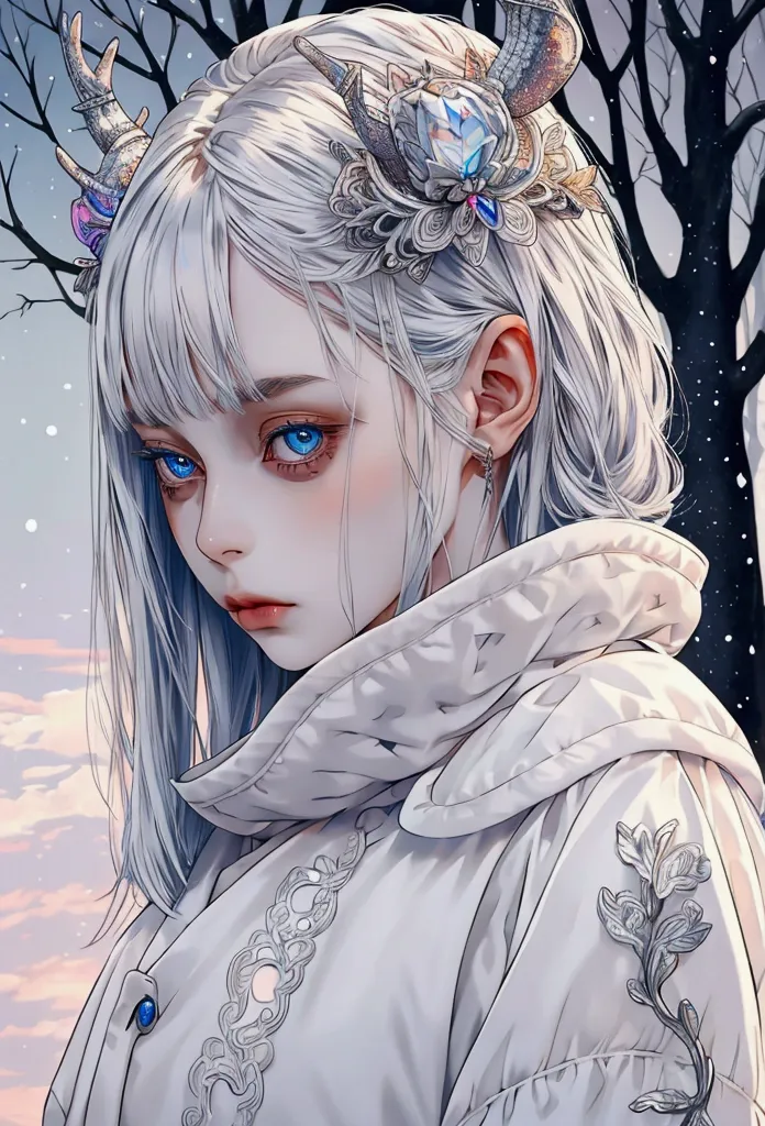 female, small, silver hair, human deer hyrbid, blue eyes, pale skin, soft features, doll-like. high res, high quality, masterpie...