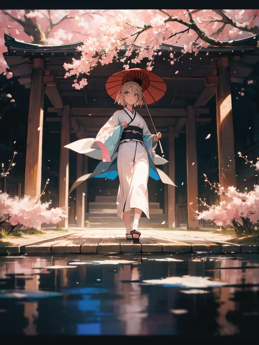 {Extremely detailed 8K wallpaper}, {masterpiece}, {Best Quality}，Alone，full body shot，Okita Souji，short hair, kimono，Haori Cerezo, cherry tree