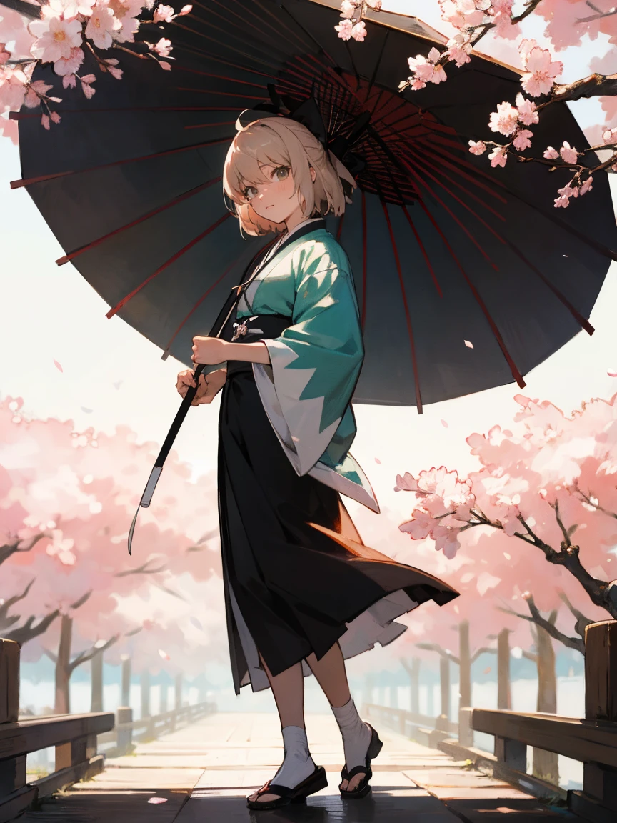 {Extremely detailed 8K wallpaper}, {masterpiece}, {Best Quality}，Alone，full body shot，Okita Souji，short hair, kimono，Haori Cerezo, cherry tree