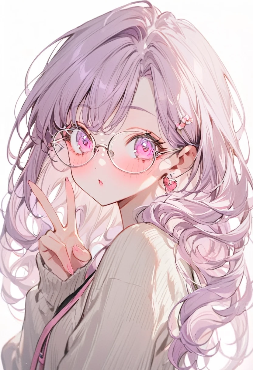 best quality, beautiful, a girl, neutral, making a peace sign, looking at viewer, light purple hair, pink eyes, with heart-shaped irises, eyes wide open, with heart-shaped eyes, pale skin, sweater, glasses, teenager, side tail, semi long, white background, kawaii, upper of the body