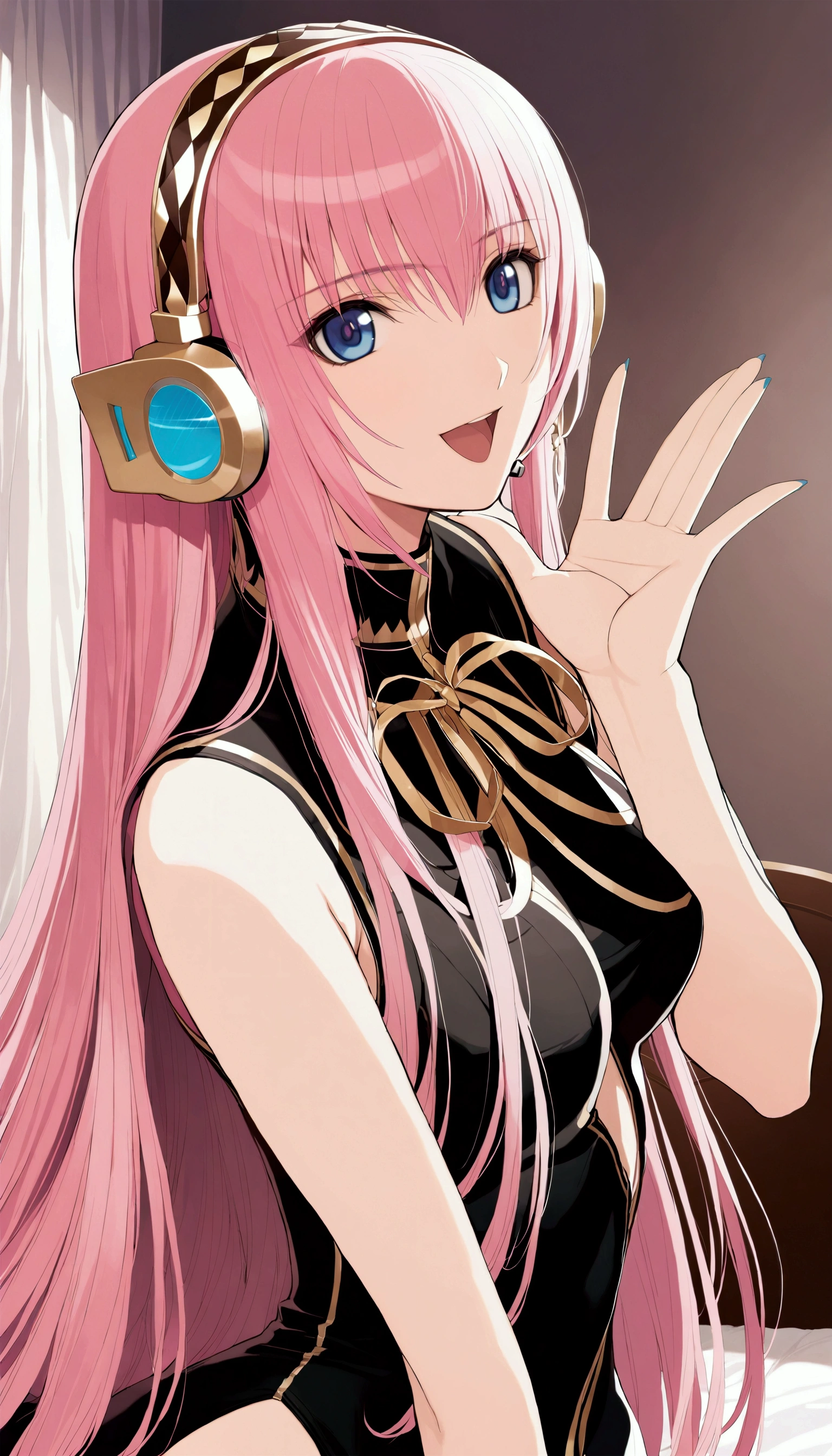 masterpiece,Detailed and beautiful depiction 1.1,Official Art,Beautiful adult woman ,Megurine Luka,Megurine Luka&#39;s official costume,headphone,Black costume with gold decoration,Pink long hair,Blue eyes,smile,Open your mouth,Mr.々A seductive pose,Bedroom