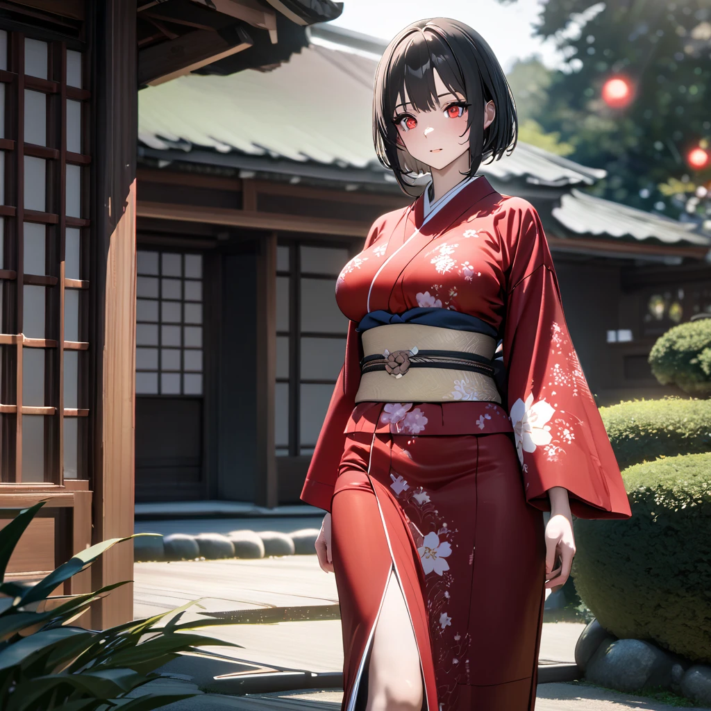 A woman wearing a red kimono with white flower designs, white sleeves, walking in a Japanese garden, wide lawn, white sky with red sun Japanese style, Japanese house next door, black hair, short hair, red eyes, large breasts, posture feet, perfect face, perfect eyes,(solo woman) ,UHD , prime work , accurate , anatomically correct , textured skin , super details , high quality , best quality, 8k, high resolution, bokeh effect.
