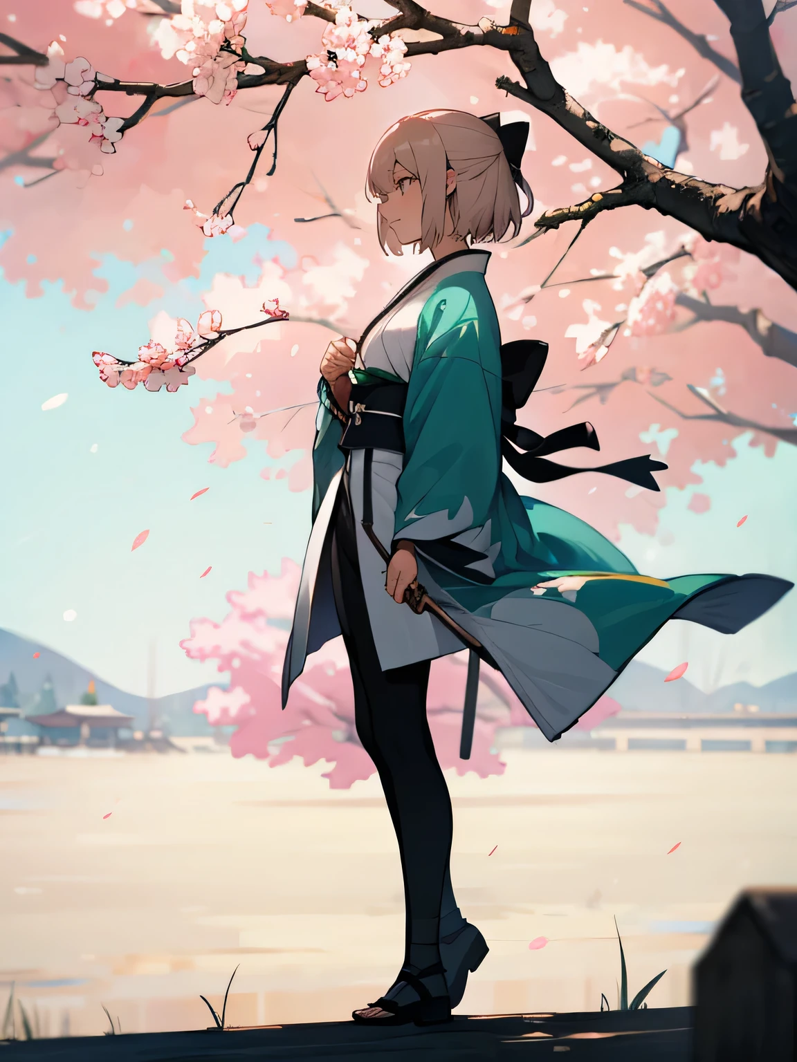 {Extremely detailed 8K wallpaper}, {masterpiece}, {Best Quality}，Alone，full body shot，Okita Souji，short hair, kimono，Haori Cerezo, cherry tree