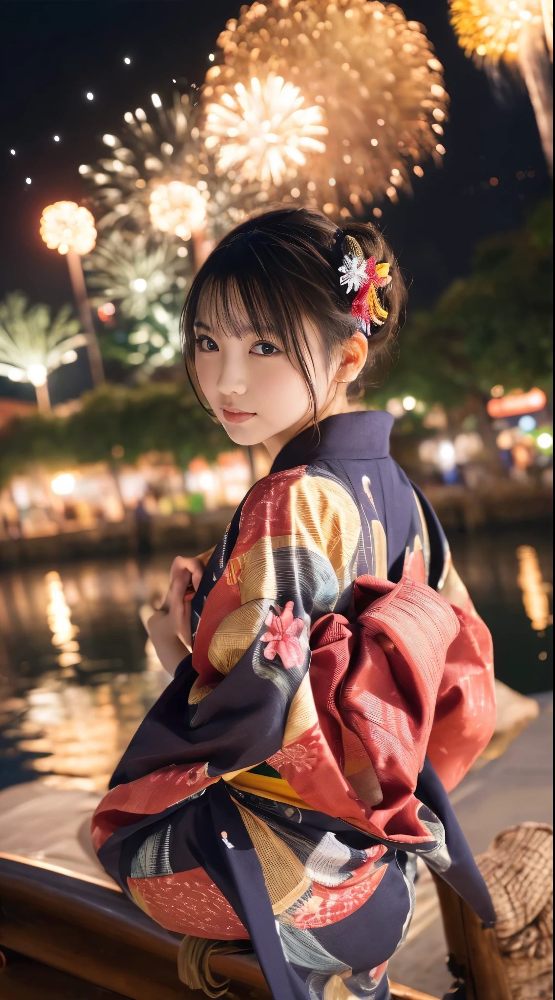 (((chef-d&#39;œuvre，la plus haute qualité，la plus haute qualité，8k，16k))，((Ultra haute résolution，Super détaillé)))，Japonais，Belle fille，glamour，Style du nombre d’or，Yukata，attacher les cheveux，épingle à cheveux，sac de cordon，peut，nuit，Extérieur，Bord de la rivière，Festival d&#39;été，feux d&#39;artifice display(feux d&#39;artifice)、feux d&#39;artificeの華やかな淡い光，(feux d&#39;artifice displayのfeux d&#39;artificeを背景した様子)