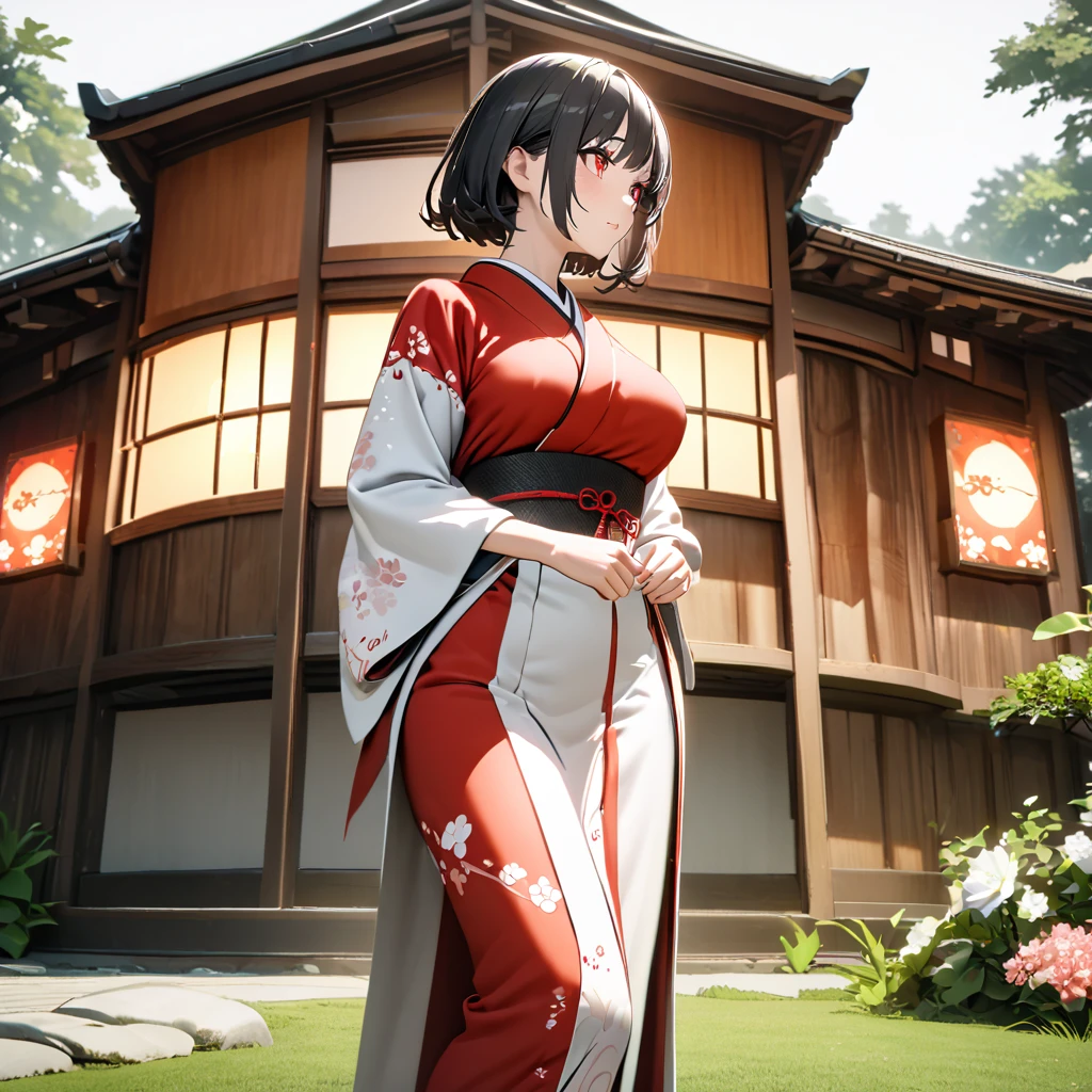 A woman wearing a red kimono with white flower designs, white sleeves, walking in a Japanese garden, wide lawn, white sky with red sun Japanese style, Japanese house next door, black hair, short hair, red eyes, large breasts, posture feet, perfect face, perfect eyes,(solo woman) ,UHD , prime work , accurate , anatomically correct , textured skin , super details , high quality , best quality, 8k, high resolution, bokeh effect.
