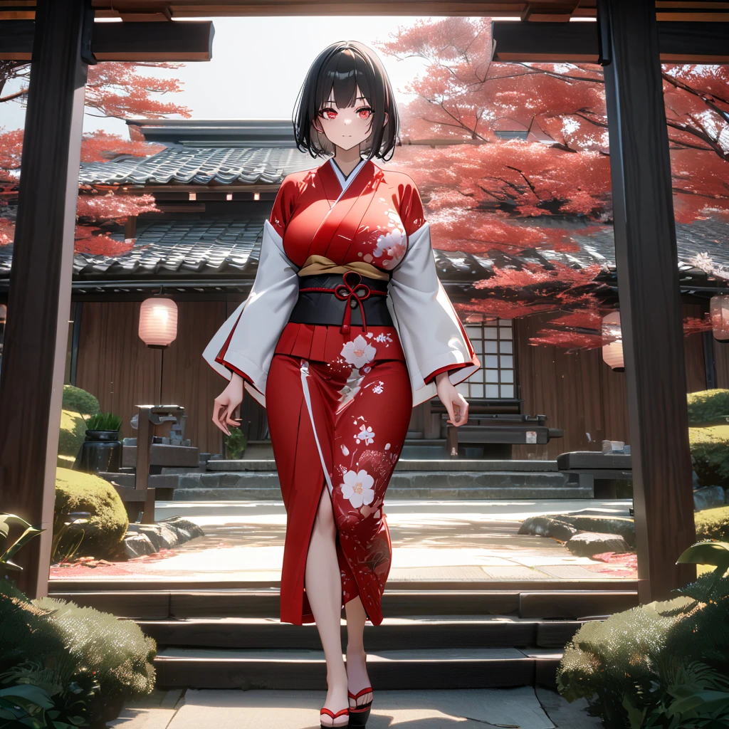 A woman wearing a red kimono with white flower designs, white sleeves, walking in a Japanese garden, wide lawn, white sky with red sun Japanese style, Japanese house next door, black hair, short hair, red eyes, large breasts, posture feet, perfect face, perfect eyes,(solo woman) ,UHD , prime work , accurate , anatomically correct , textured skin , super details , high quality , best quality, 8k, high resolution, bokeh effect.
