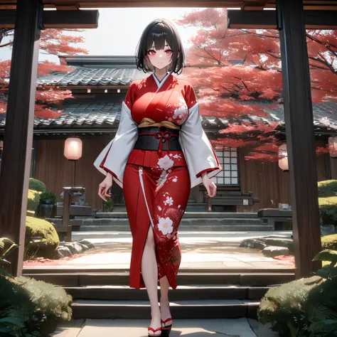 a woman wearing a red kimono with white flower designs, white sleeves, walking in a japanese garden, wide lawn, white sky with r...