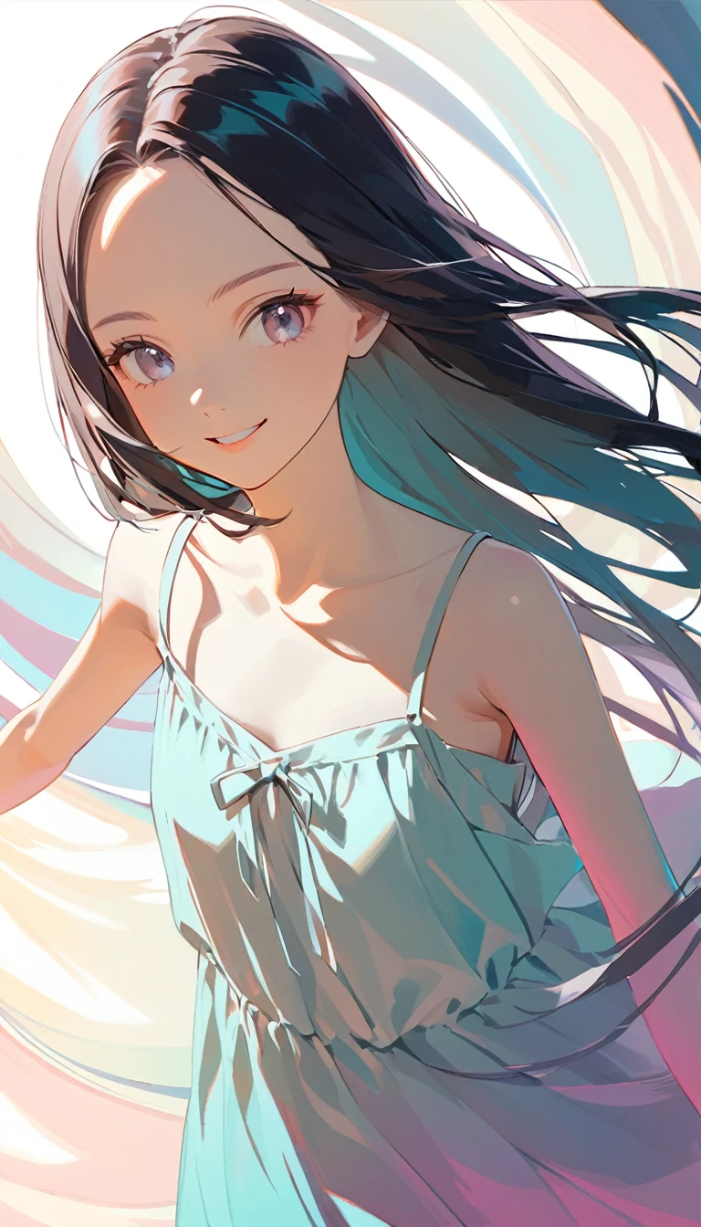 neat and pretty young lady, straight hair, forehead, make-up, smile, loose summer dress, shading, contrast magic, pale colors effects, 2.5D, delicate and dynamic