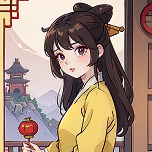 ( Best Quality, ancient china, A girl, pastel yellow chinese long dress), long hair tied in two tomatoes, Brown hair , purple eyes
