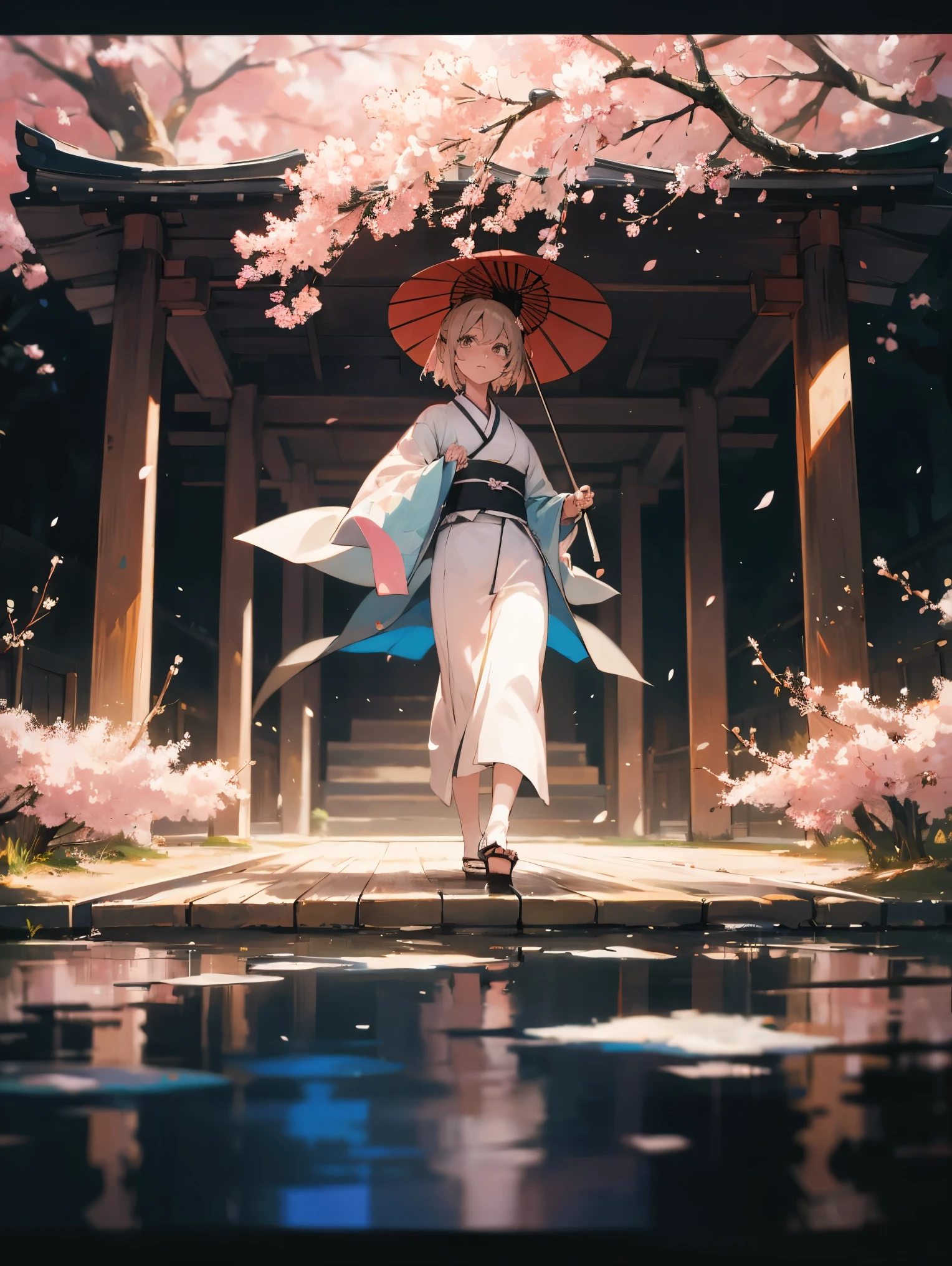 {Extremely detailed 8K wallpaper}, {masterpiece}, {Best Quality}，Alone，full body shot，Okita Souji，short hair, kimono，Haori Cerezo, cherry tree