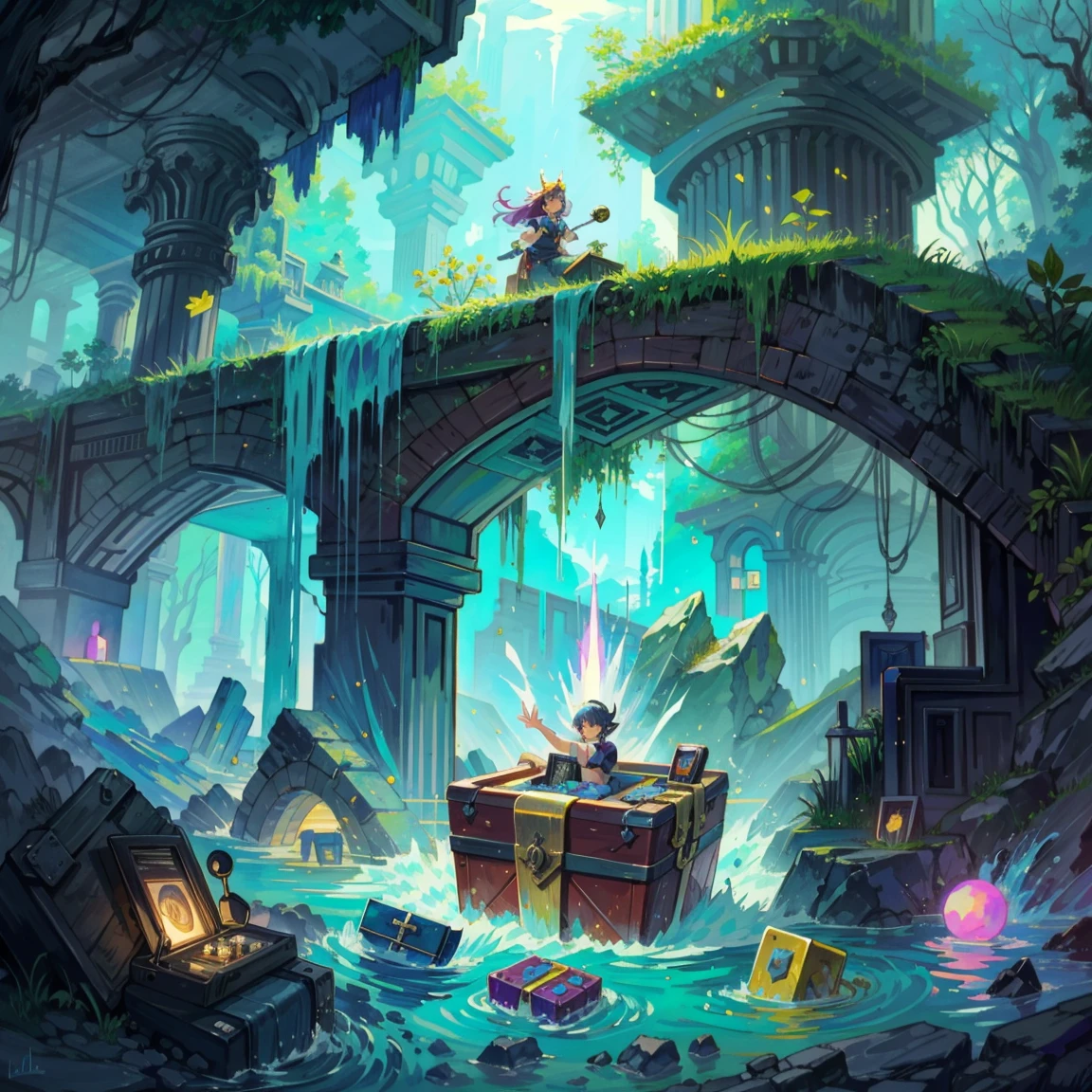 (best quality,4k,8k,highres,masterpiece:1.2),pixel art,aerial view,top down perspective,(A character diving into a treasure chest full of retro video game cartridges:1.6),(The scene unfolds inside a magical cavern:1.4), (fantasy and sci-fi mixed), vibrant colors, glowing lights, (abandoned machinery), mystical creatures, pixelated details, crystal formations, floating islands, (futuristic technology), (ancient artifacts), mystical energy, vibrant retro aesthetic, atmospheric lighting, hidden passages, ancient ruins, mysterious symbols, shimmering water, lush vegetation, towering rock formations, interdimensional portals, ethereal music, nostalgic atmosphere, immersive storytelling, epic adventure, delightful surprises