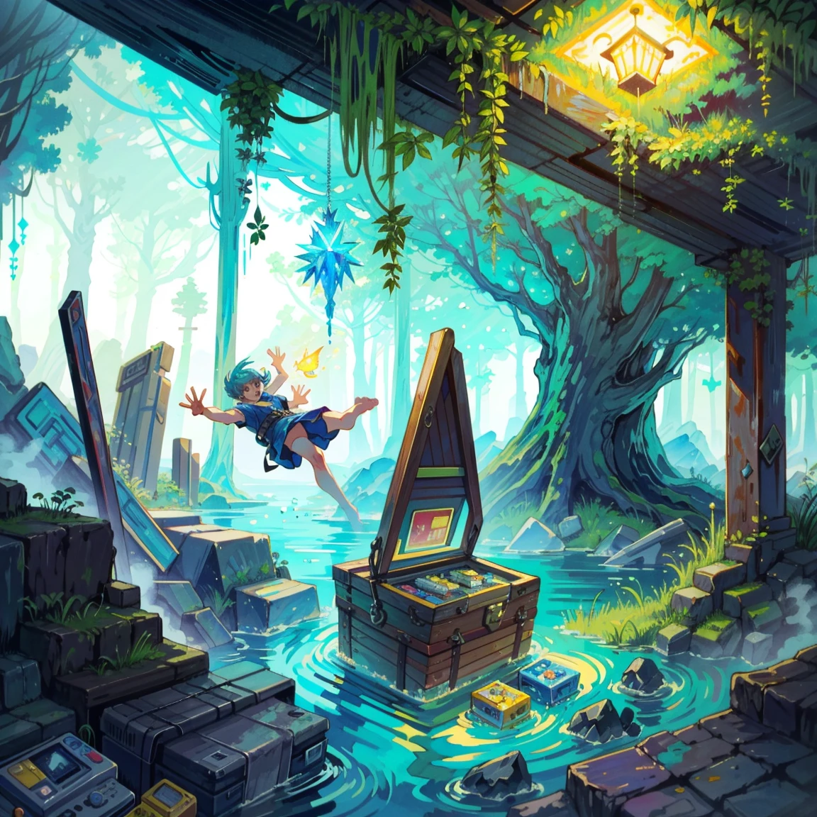 (best quality,4k,8k,highres,masterpiece:1.2),pixel art,aerial view,top down perspective,(A character diving into a treasure chest full of retro video game cartridges:1.6),(The scene unfolds inside a magical cavern:1.4), (fantasy and sci-fi mixed), vibrant colors, glowing lights, (abandoned machinery), mystical creatures, pixelated details, crystal formations, floating islands, (futuristic technology), (ancient artifacts), mystical energy, vibrant retro aesthetic, atmospheric lighting, hidden passages, ancient ruins, mysterious symbols, shimmering water, lush vegetation, towering rock formations, interdimensional portals, ethereal music, nostalgic atmosphere, immersive storytelling, epic adventure, delightful surprises