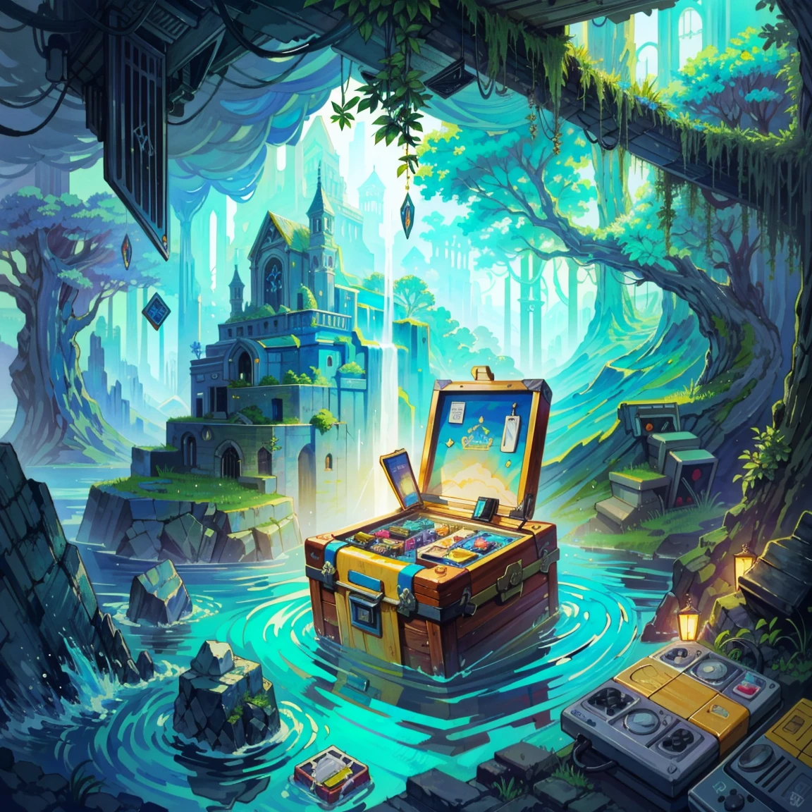 (best quality,4k,8k,highres,masterpiece:1.2),pixel art,aerial view,top down perspective,(A character diving into a treasure chest full of retro video game cartridges:1.6),(The scene unfolds inside a magical cavern:1.4), (fantasy and sci-fi mixed), vibrant colors, glowing lights, (abandoned machinery), mystical creatures, pixelated details, crystal formations, floating islands, (futuristic technology), (ancient artifacts), mystical energy, vibrant retro aesthetic, atmospheric lighting, hidden passages, ancient ruins, mysterious symbols, shimmering water, lush vegetation, towering rock formations, interdimensional portals, ethereal music, nostalgic atmosphere, immersive storytelling, epic adventure, delightful surprises