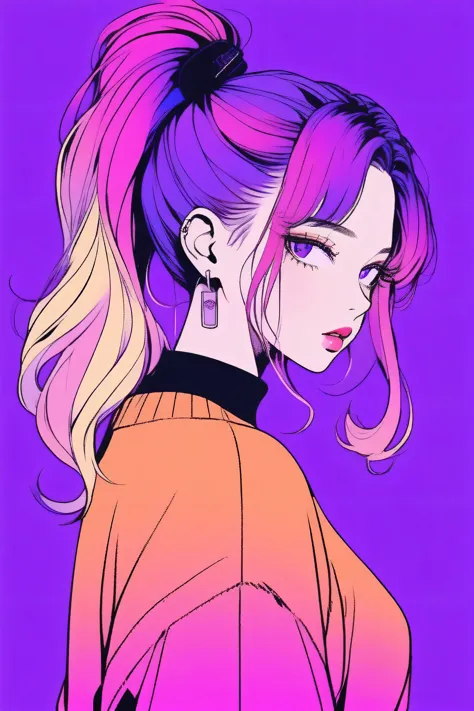 (best quality, sketch:1.2),realistic,illustrator,anime,1 girl, detailed lips, sweater, custom, purple gradient background, neon hair, ponytail hair, textured cropping, masterpiece, style retro classic, noir dark 