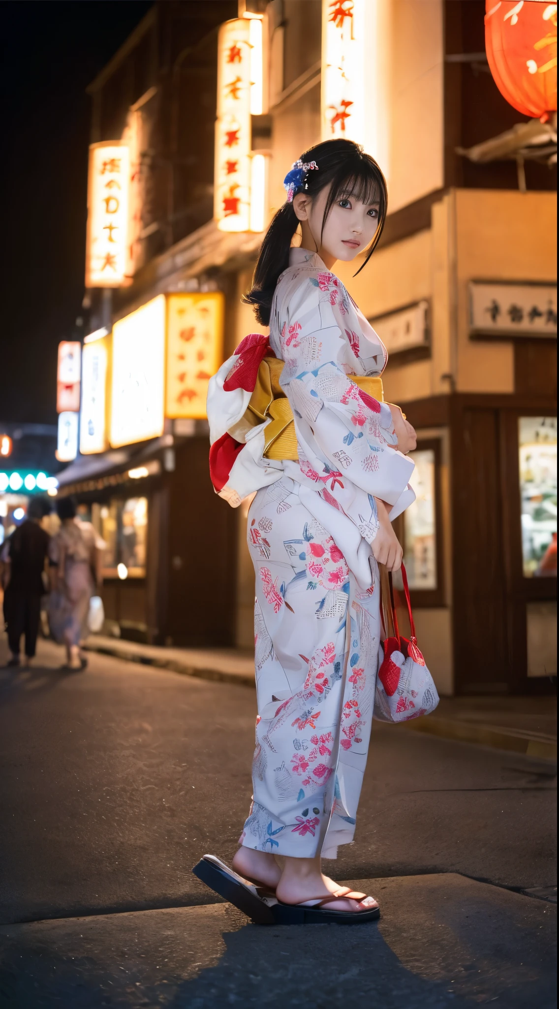 (((obra maestra，de la máxima calidad，de la máxima calidad，8K，16k))，((Resolución ultraalta，Súper detallado)))，japonés，hermosa chica，atractivo，Estilo de proporción áurea，yukata，atar el cabello，horquilla，bolsa con cordón，poder，Noche，exterior，Festival de verano，vendedores ambulantes，abriendo una tienda，fuegos artificiales display(fuegos artificiales)、fuegos artificialesの色とりどりの華やかな淡い光，((河原にてFestival de veranoのメインイベントであるfuegos artificiales displayのfuegos artificialesを背景にスナップ写真))，