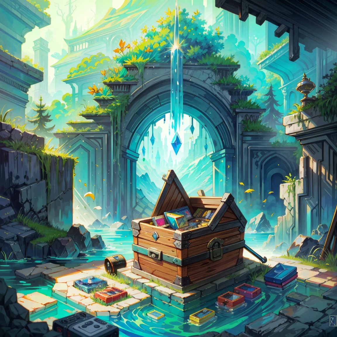 (best quality,4k,8k,highres,masterpiece:1.2),pixel art,aerial view,top down perspective,(A character diving into a treasure chest full of retro video game cartridges:1.6),(The scene unfolds inside a magical cavern:1.4), (fantasy and sci-fi mixed), vibrant colors, glowing lights, (abandoned machinery), mystical creatures, pixelated details, crystal formations, floating islands, (futuristic technology), (ancient artifacts), mystical energy, vibrant retro aesthetic, atmospheric lighting, hidden passages, ancient ruins, mysterious symbols, shimmering water, lush vegetation, towering rock formations, interdimensional portals, ethereal music, nostalgic atmosphere, immersive storytelling, epic adventure, delightful surprises