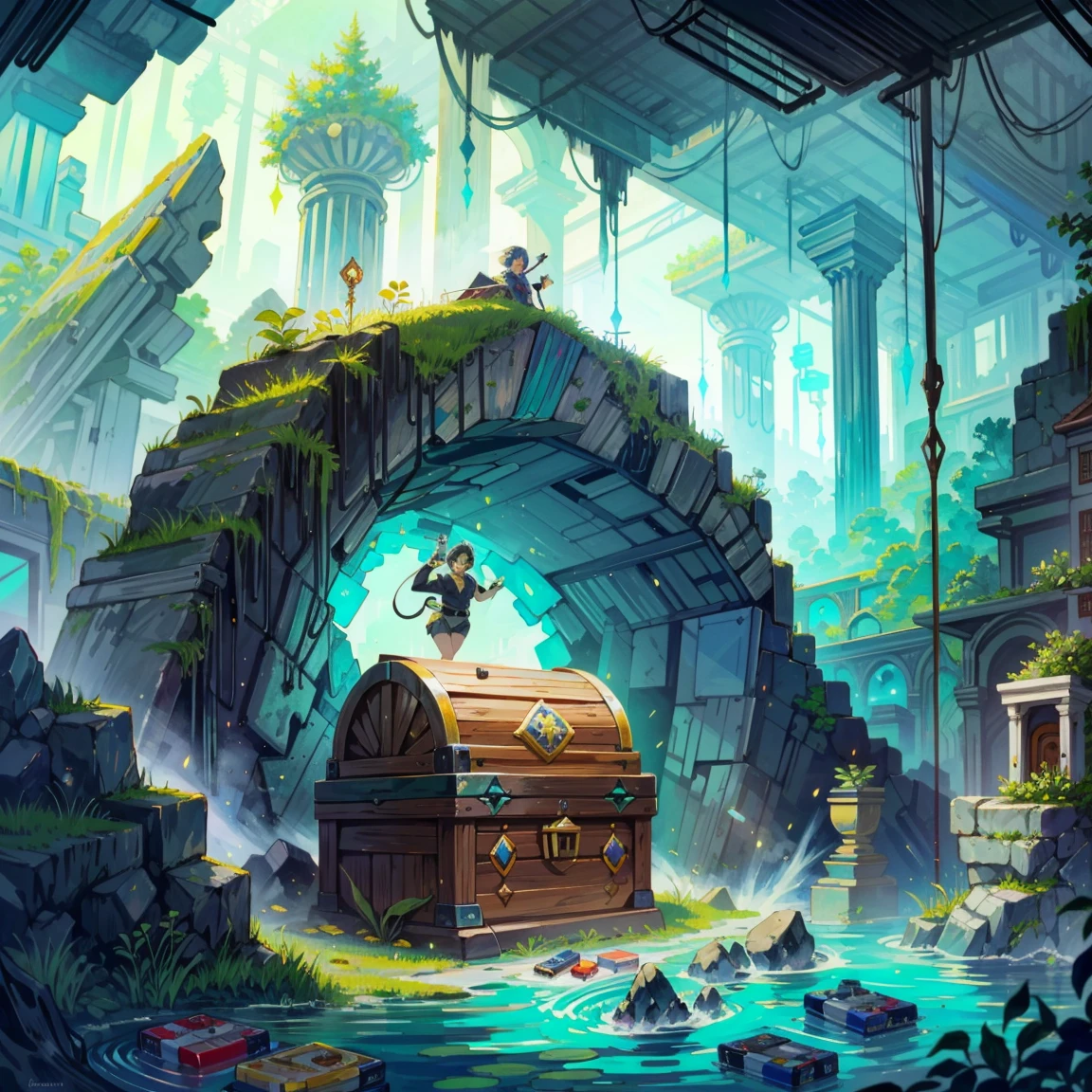 (best quality,4k,8k,highres,masterpiece:1.2),pixel art,aerial view,top down perspective,(A character diving into a treasure chest full of retro video game cartridges:1.6),(The scene unfolds inside a magical cavern:1.4), (fantasy and sci-fi mixed), vibrant colors, glowing lights, (abandoned machinery), mystical creatures, pixelated details, crystal formations, floating islands, (futuristic technology), (ancient artifacts), mystical energy, vibrant retro aesthetic, atmospheric lighting, hidden passages, ancient ruins, mysterious symbols, shimmering water, lush vegetation, towering rock formations, interdimensional portals, ethereal music, nostalgic atmosphere, immersive storytelling, epic adventure, delightful surprises