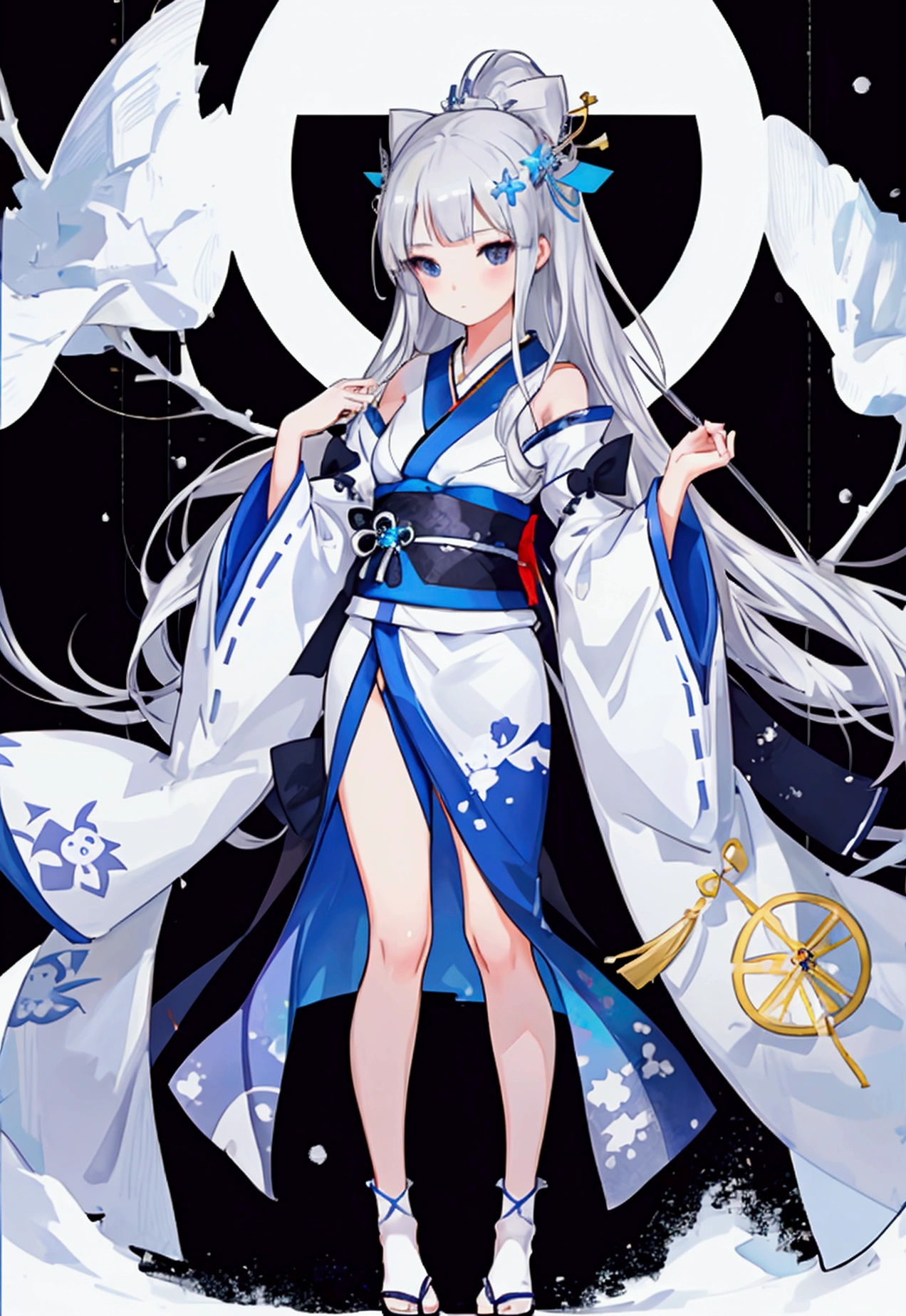 Fille mignonne de femme de neige, , Queue latérale en cheveux argentés, Ses épaules sont nues., œil au beurre noir, kimono blanc et bleu, jambes fines, Princesse Yukiko