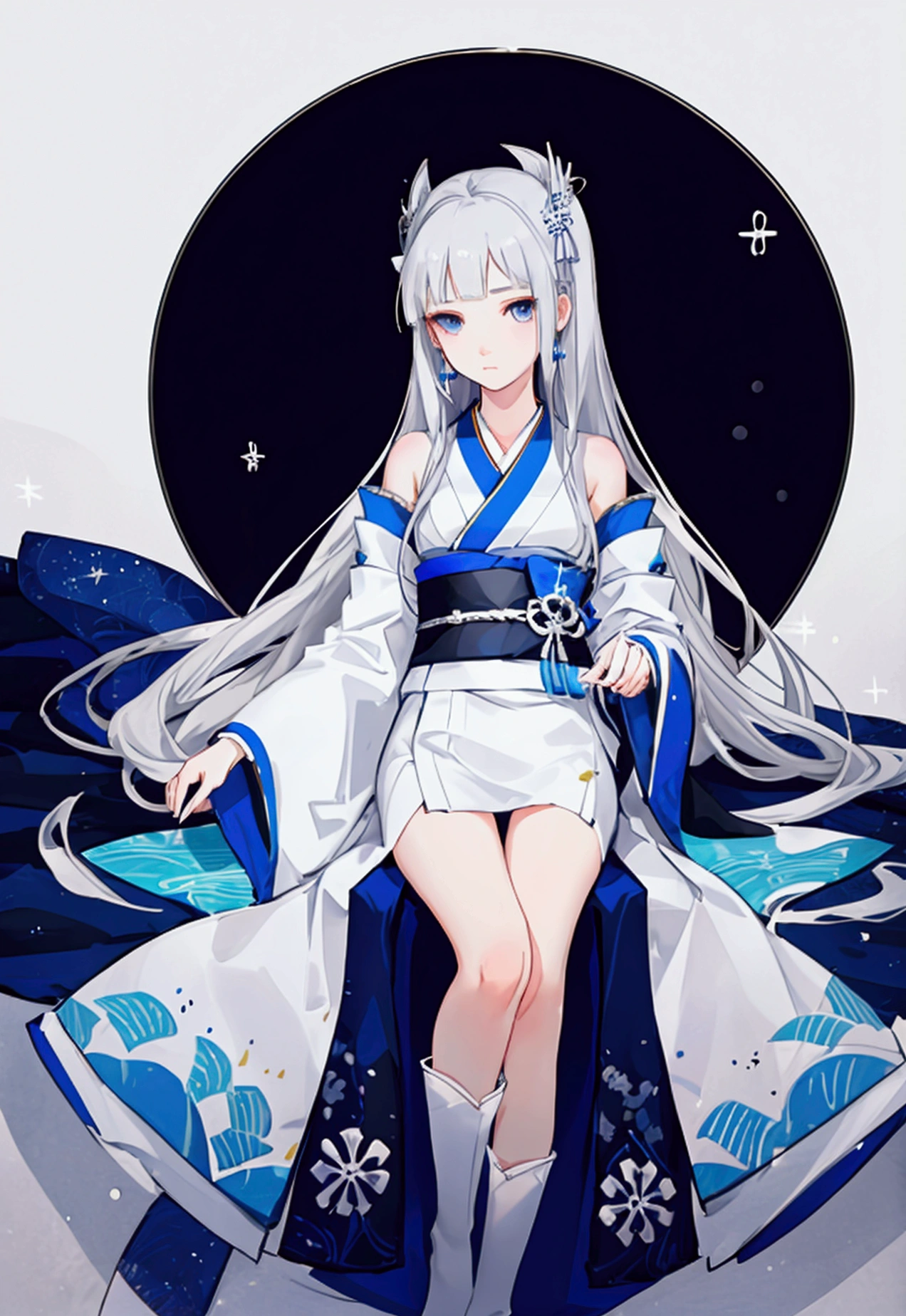 Fille mignonne de femme de neige, , Queue latérale en cheveux argentés, Ses épaules sont nues., œil au beurre noir, kimono blanc et bleu, jambes fines, Princesse Yukiko