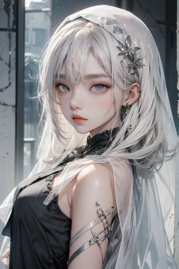 Veil on head, gray veil, white hair, gray white, Guvez art style, arrogant and indifferent girl, half-squinted, white eyeballs, white eyes, national style, gray-white