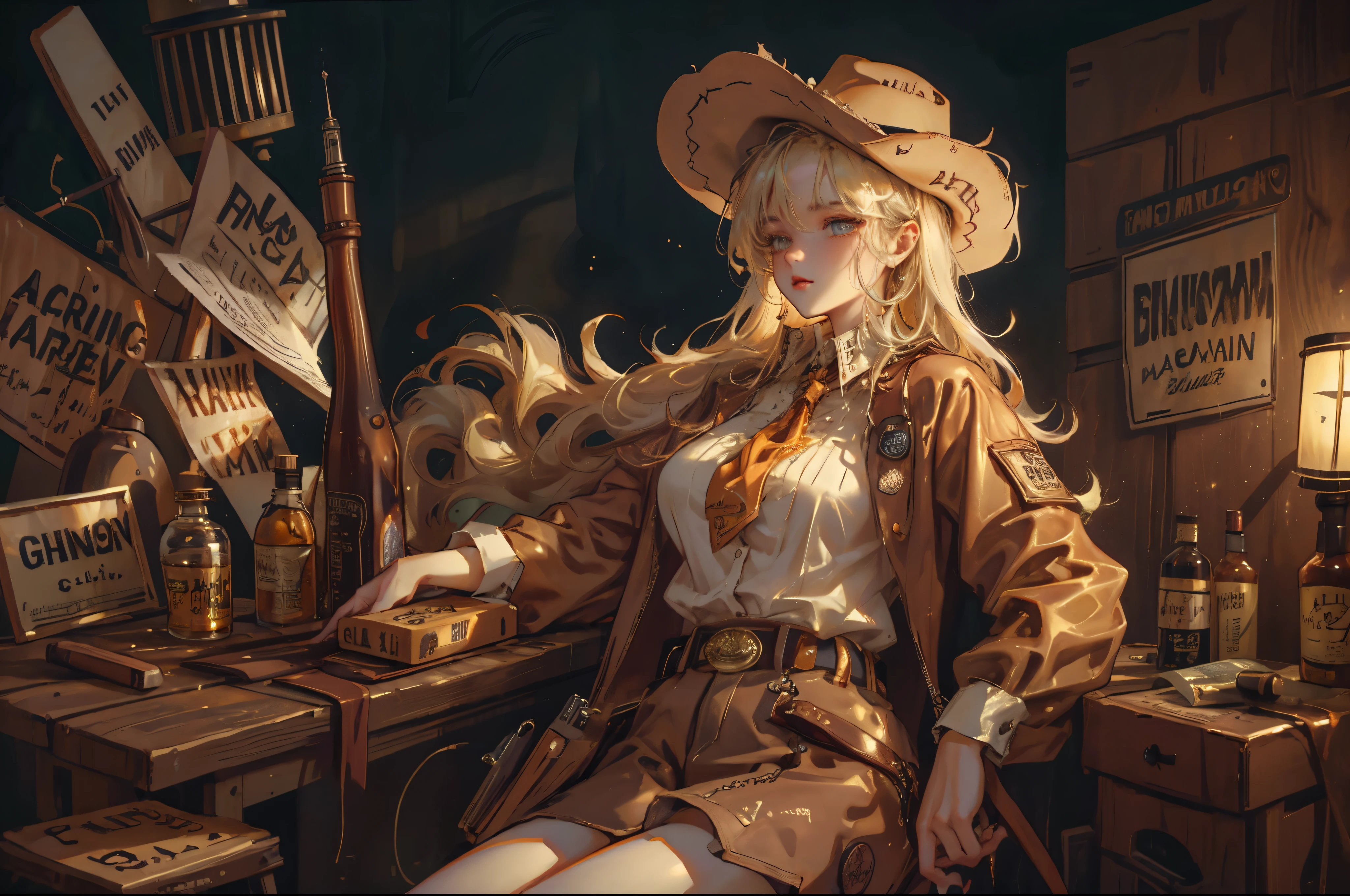 1girl\(cowgirl,cowboy_hat,belt_buckle,blonde,big  breast,gun holder,gun,bullet belt,western police badge,drinking bourbon whiskey\),background\(western bar,bourbon whiskey,shiny shot-grass of bourbon),,quality\(8k,wallpaper of extremely detailed CG unit, ​masterpiece,hight resolution,top-quality,top-quality real texture skin,hyper realisitic,increase the resolution,RAW photos,best qualtiy,highly detailed,the wallpaper,cinematic lighting,ray trace,golden ratio\), 