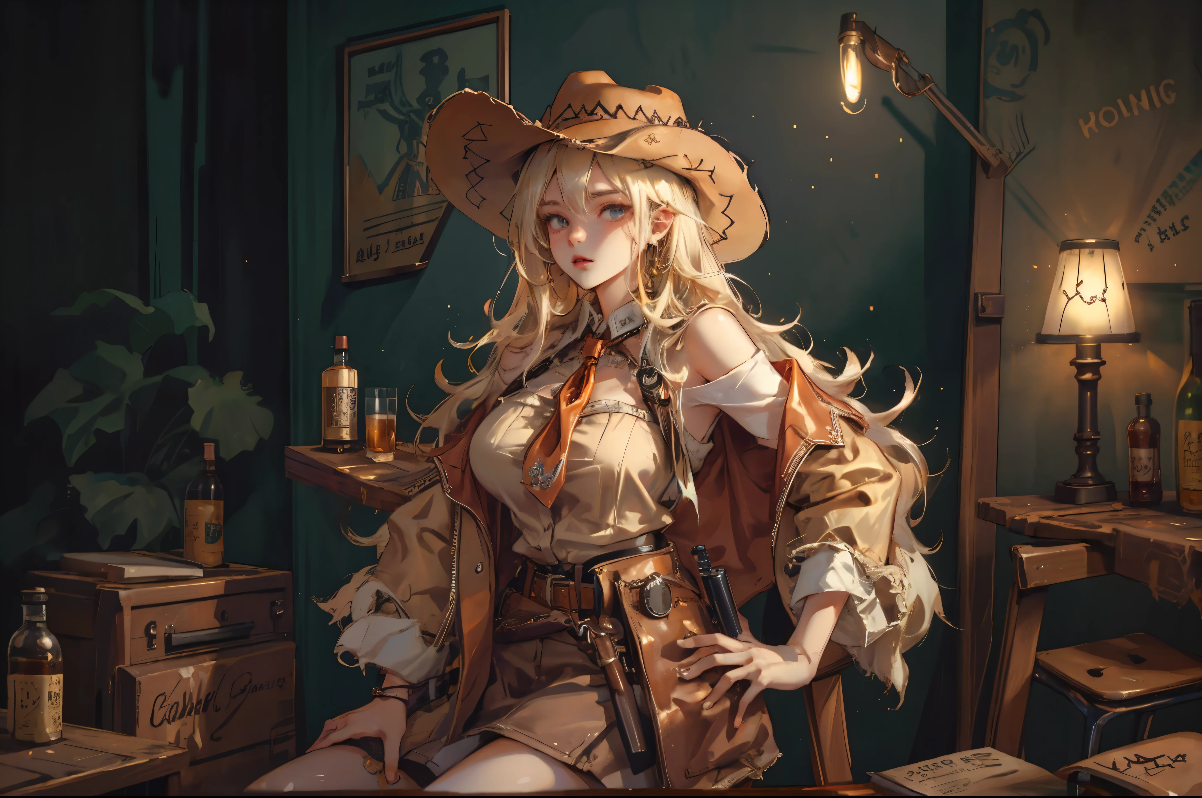 1girl\(cowgirl,cowboy_hat,belt_buckle,blonde,big  breast,gun holder,gun,bullet belt,western police badge,drinking bourbon whiskey\),background\(western bar,bourbon whiskey,shiny shot-grass of bourbon),,quality\(8k,wallpaper of extremely detailed CG unit, ​masterpiece,hight resolution,top-quality,top-quality real texture skin,hyper realisitic,increase the resolution,RAW photos,best qualtiy,highly detailed,the wallpaper,cinematic lighting,ray trace,golden ratio\), 