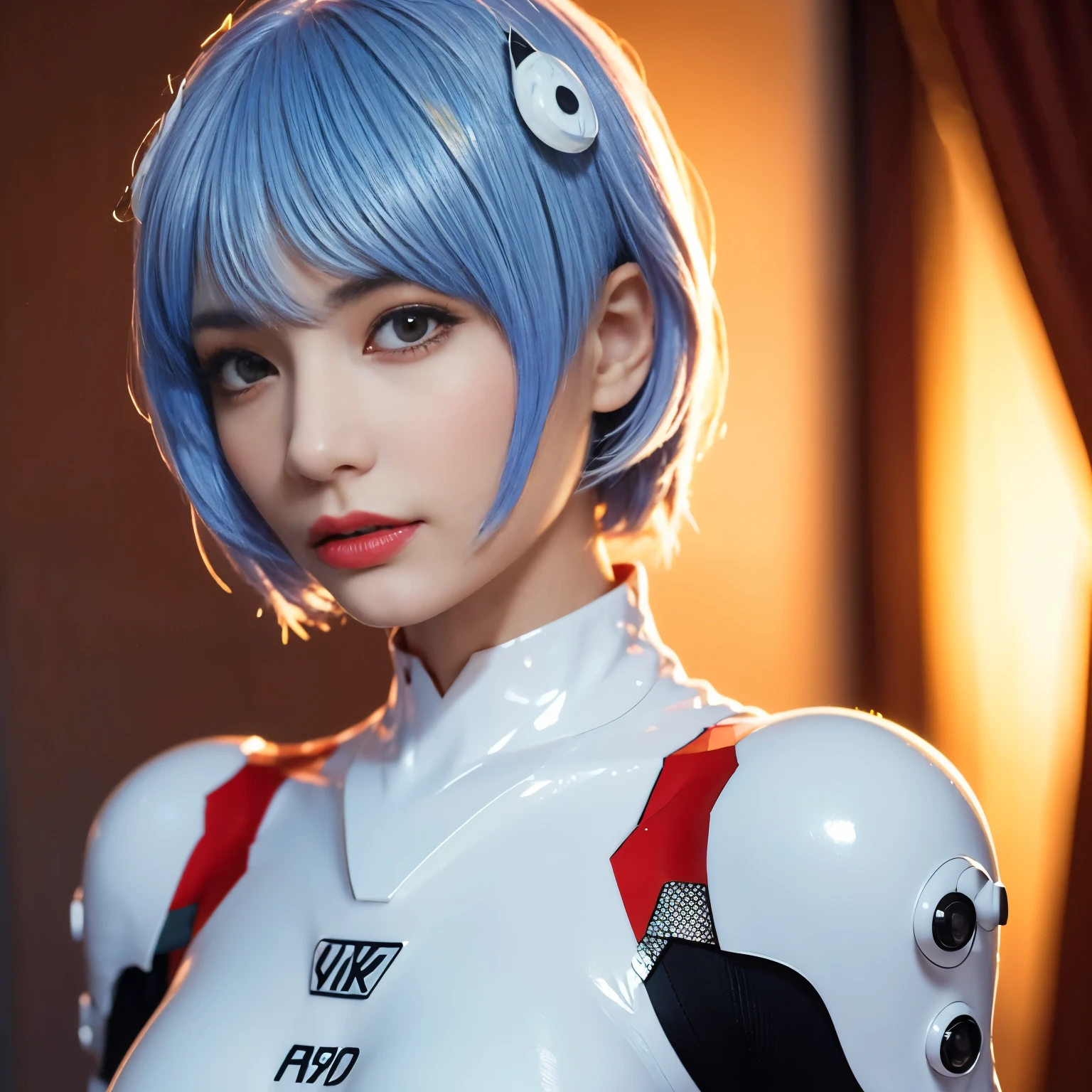 ayanami_rei,1girl,beautiful detailed eyes,beautiful detailed lips,extremely detailed eyes and face,longeyelashes (best quality,4k,8k,highres,masterpiece:1.2),ultra-detailed,(realistic,photorealistic,photo-realistic:1.37),white hair ornament,blue short hair,white bodysuit,vivid colors,portraits,studio lighting,sharp focus