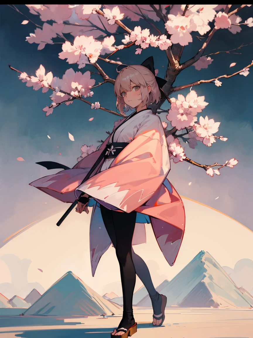 {Extremely detailed 8K wallpaper}, {masterpiece}, {Best Quality}，Alone，full body shot，Okita Souji，short hair, kimono，Haori Cerezo, cherry tree, sensual, leggings