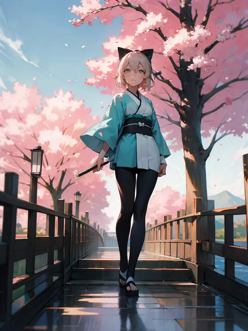 {Extremely detailed 8K wallpaper}, {masterpiece}, {Best Quality}，Alone，full body shot，Okita Souji，short hair, kimono，Haori Cerezo, cherry tree, sensual, leggings