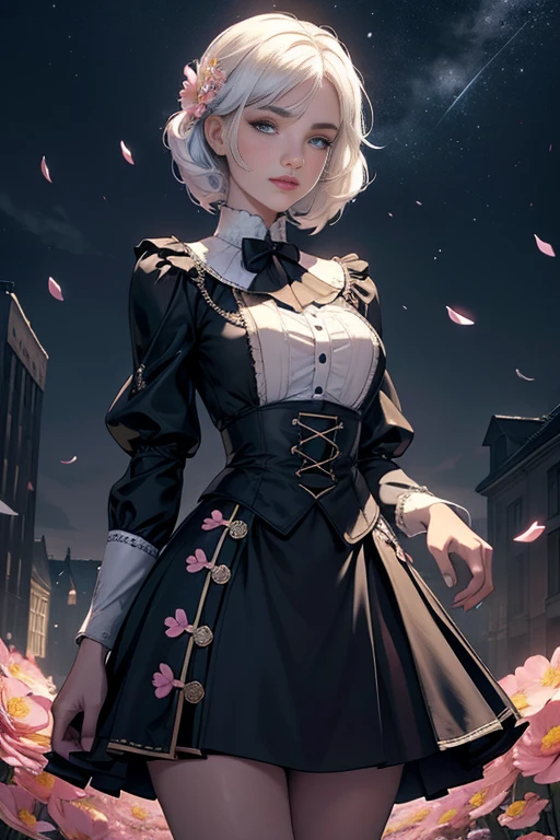 work of art, best qualityer, 1 girl, (colorfully),(beautiful finely detailed eyes and detailed face),cinematic Lumiereing,shot not bust,Extremely detailed CG 8k unity wallpaper,White hair,standing alone,ssmile,intricate skirt,((flying petal)),(Flowery meadow) sky, Clouded_sky, building, moonlighLumiere, moonligh, natta, (dark theme:1.3), Lumiere, fancy,