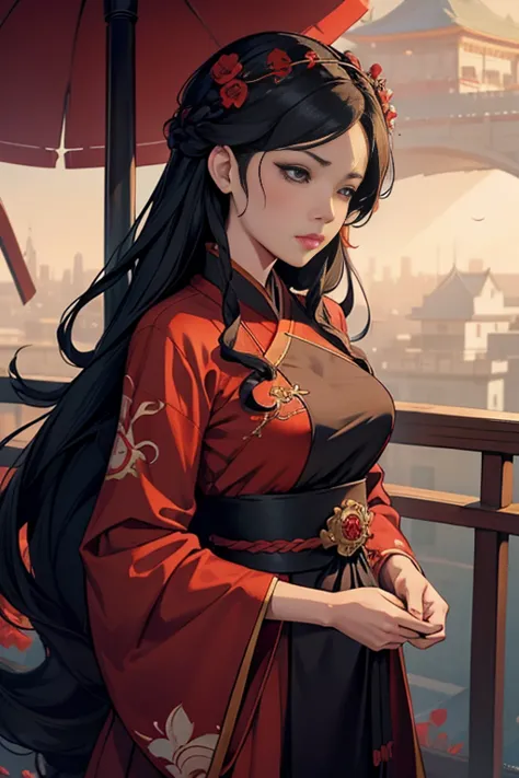 anime girl in a red and black dress with red flowers in her hair, artwork in the style of guweiz, Guweiz,  Chinesa, trends on cg...