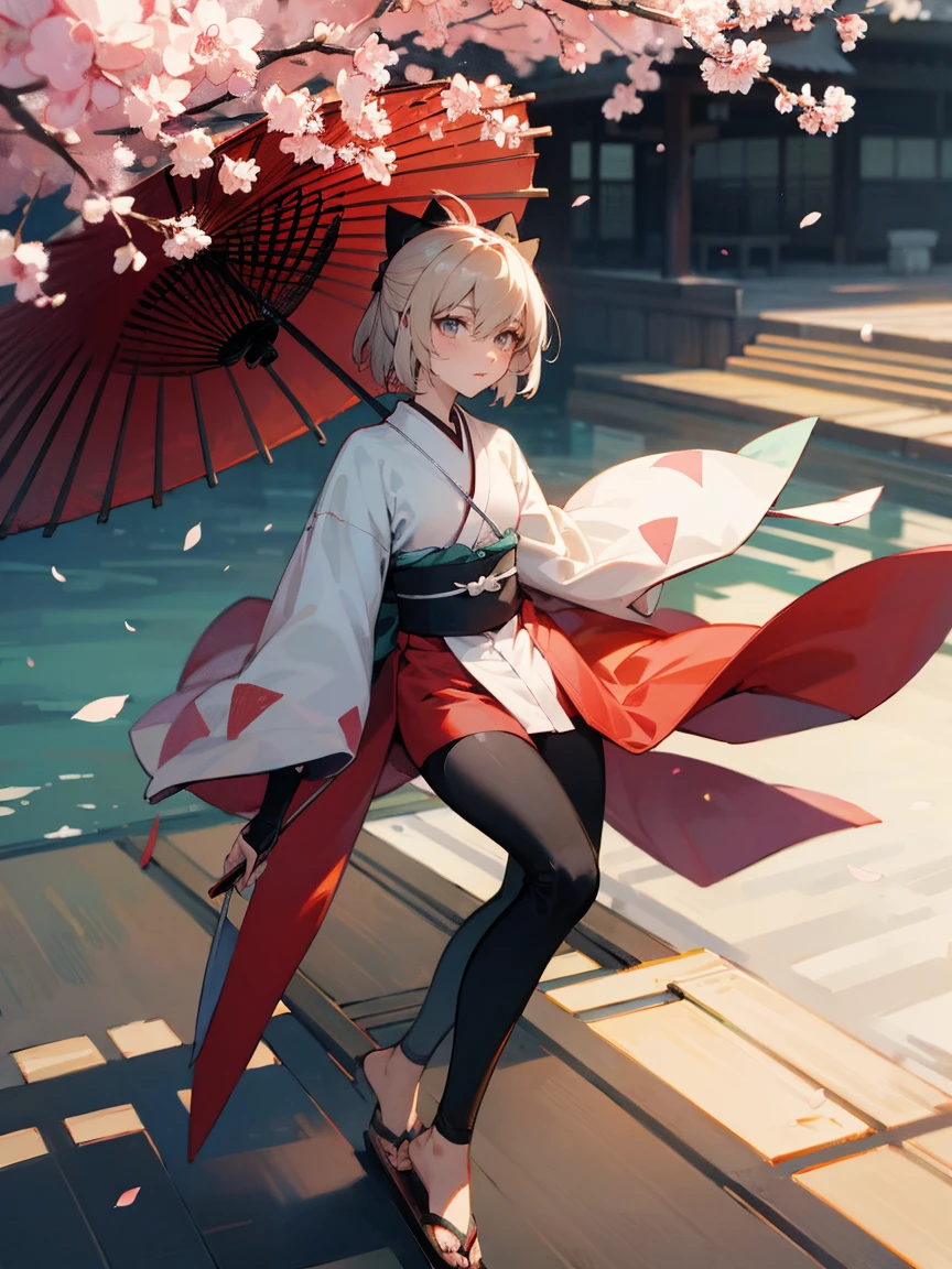 {Extremely detailed 8K wallpaper}, {masterpiece}, {Best Quality}，Alone，full body shot，Okita Souji，short hair, kimono，Haori Cerezo, cherry tree, sensual, leggings