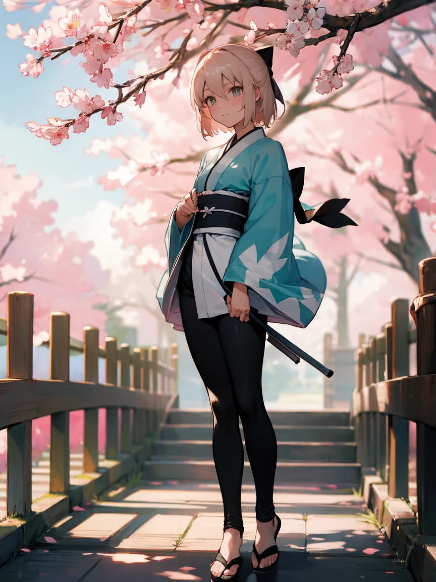 {Extremely detailed 8K wallpaper}, {masterpiece}, {Best Quality}，Alone，full body shot，Okita Souji，short hair, kimono，Haori Cerezo, cherry tree, sensual, leggings