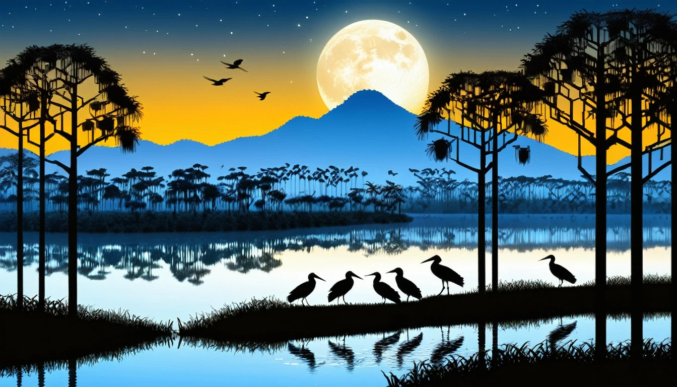 An enchanting night forest made up of RAL-3D cubes, There are lots of little shoebills,Wrapped in the magical light of the moon,Very beautiful secret forest,You can see a beautiful river flowing from the top of the mountain.,A flock of shoebills are gathering