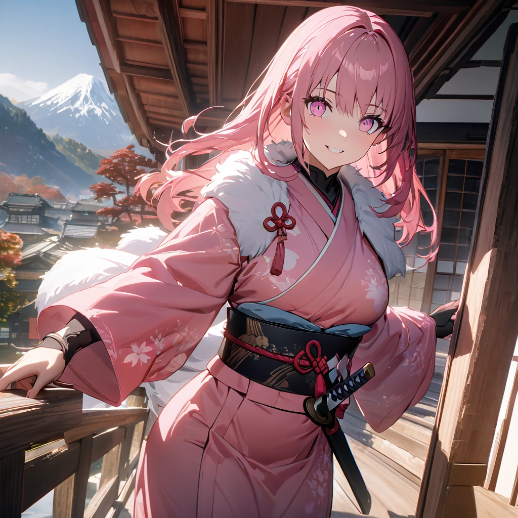 One wearing a pink kimono with white details, long-sleeved kimono, white fur cape, pink hair, long pink hair, pink eyes, standing on a balcony of a traditional Japanese house, view of mountains in the background with trees, smiling, big , daytime spot.UHD , prime work , accurate , anatomically correct , textured skin , super details , high quality , best quality, 8k, high resolution, bokeh effect. (woman solo), close view holding a katana without a sheath, with a red effect on the katana
